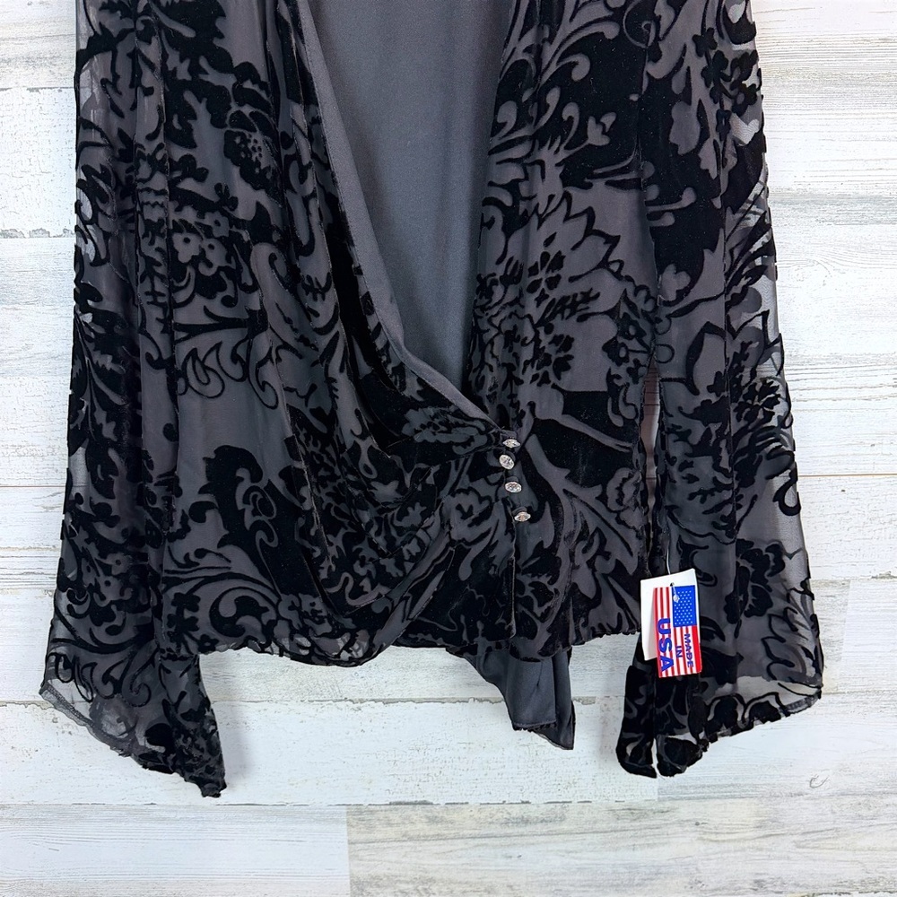 Xscape Whimsigoth Sheer Black Burnout Velvet Bell Sleeve Wrap Top 10 Gothic - Picture 12 of 15